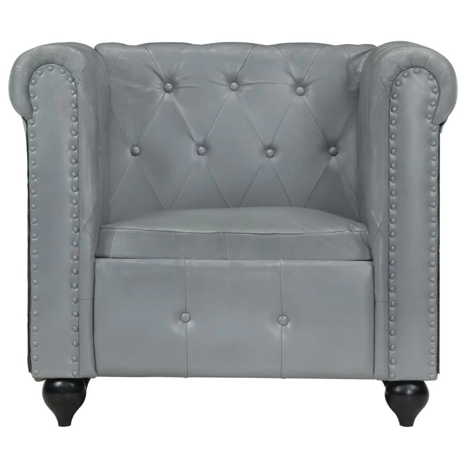 VidaXL Fauteuil Chesterfield-stijl Echt Leer Grijs 6 VidaXL Fauteuil Chesterfield-stijl Echt Leer Grijs - Afbeelding 4