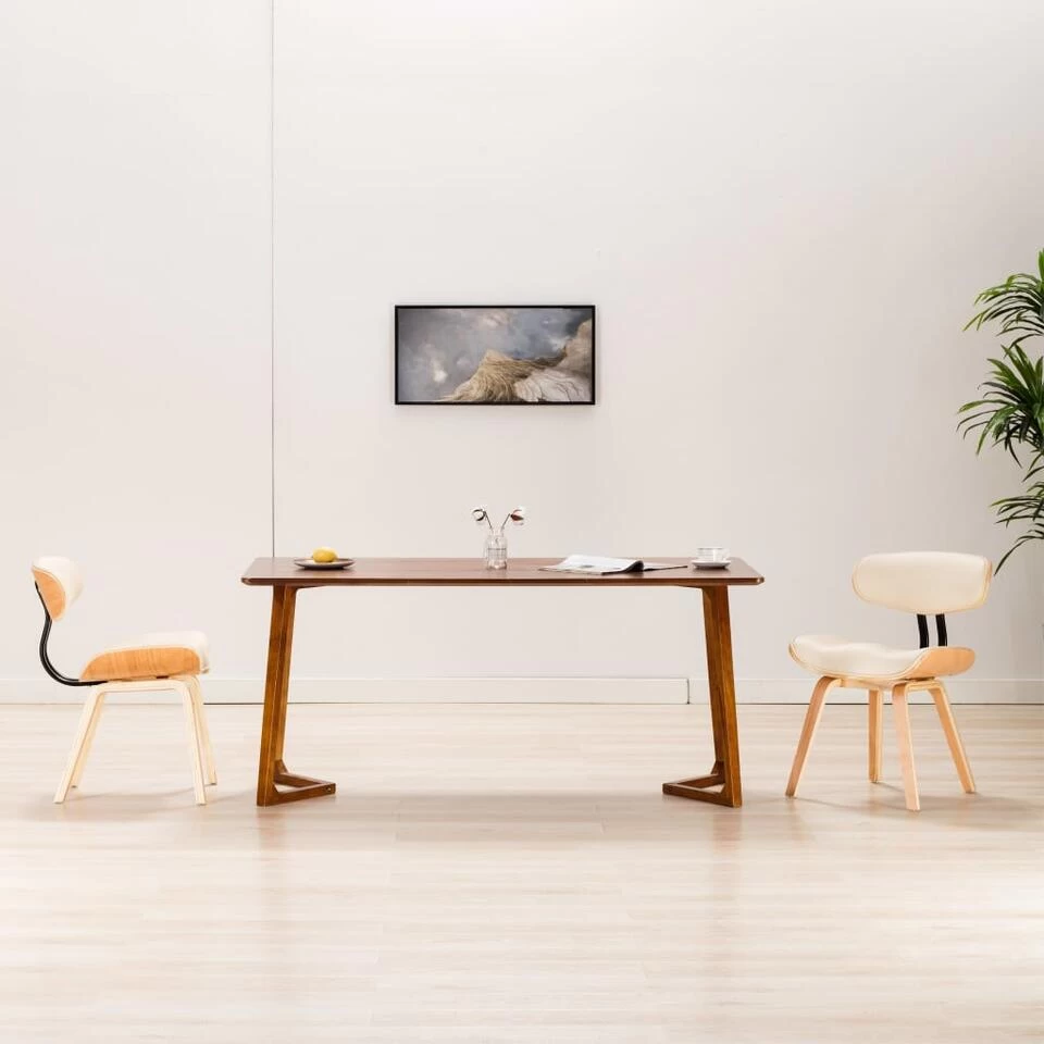 VidaXL Eetkamerstoelen 2 St Gebogen Hout En Kunstleer Crèmekleurig 4 VidaXL Eetkamerstoelen 2 St Gebogen Hout En Kunstleer Crèmekleurig - Afbeelding 2